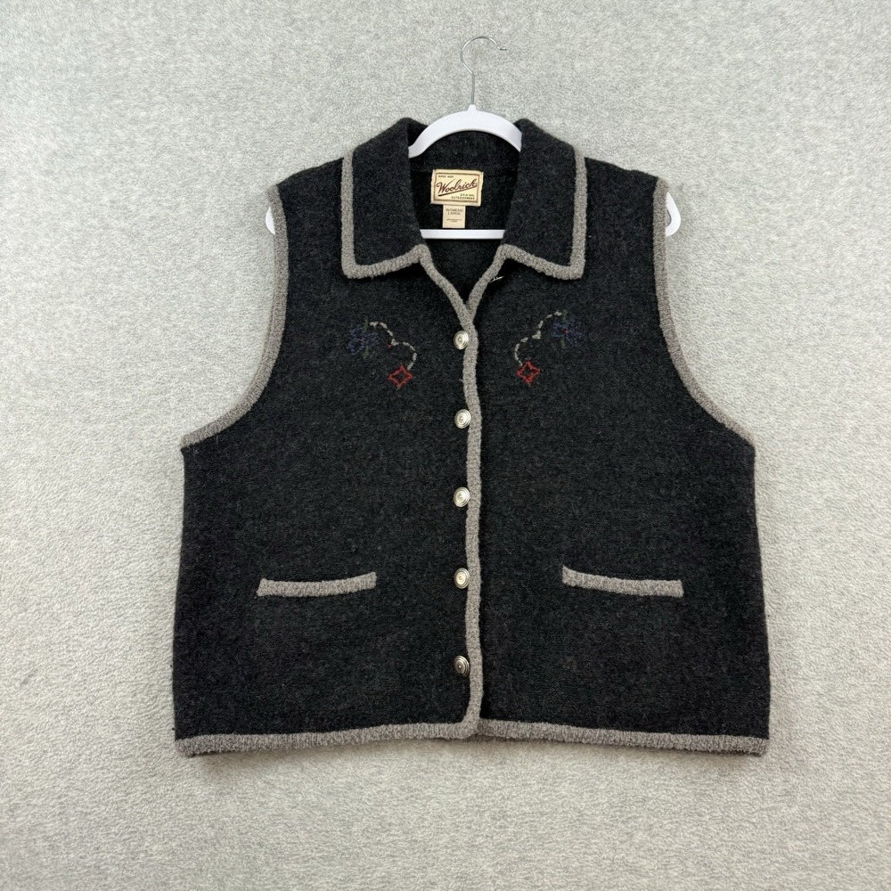 Vintage Woolrich Floral Embroidered Gray Stitching Wool Zip Vest Women's Large